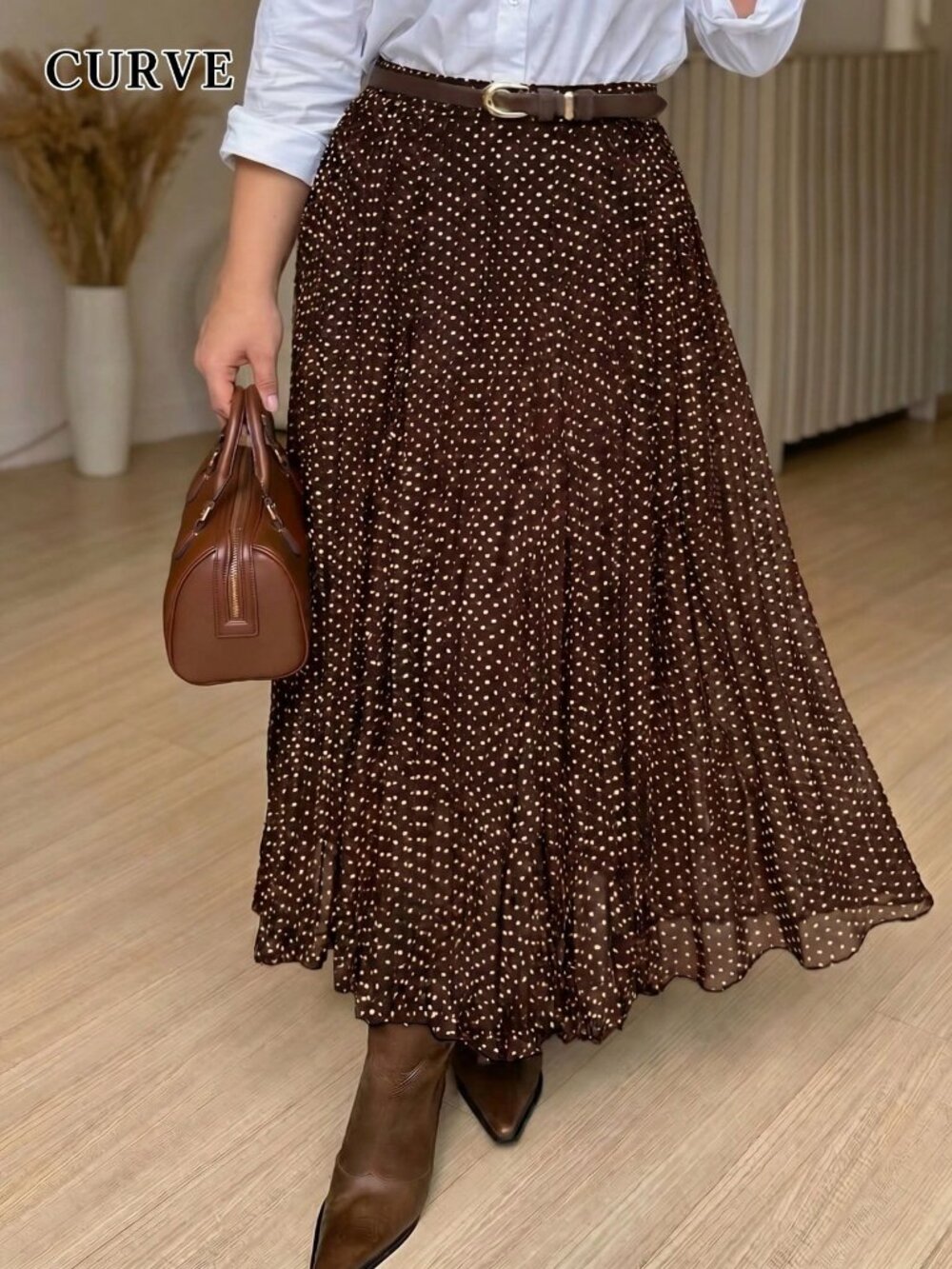 Coffee Brown Casual Women's Loose Pleated Elastic Waist Polka Dot Long Skirt - Picture 4 of 5